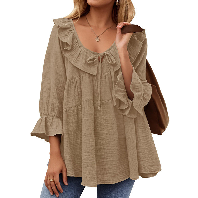 Tie Charm Blouse – Soft Neckline, Subtle Drama (Schleifenbluse Mit Rundhalsausschnitt)