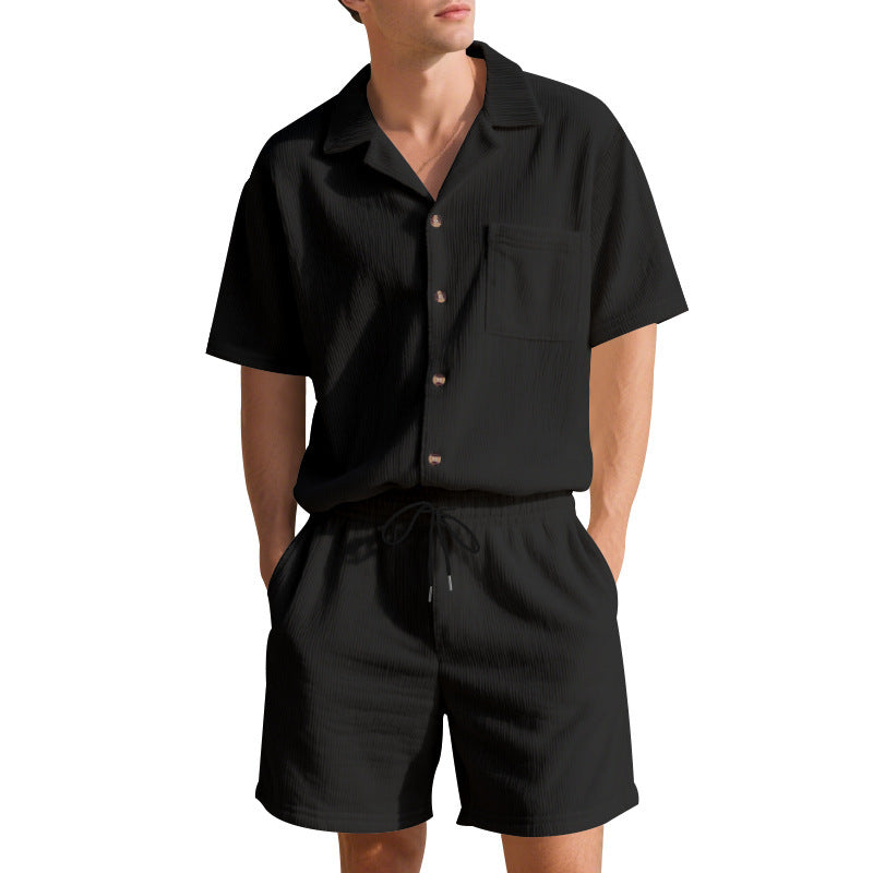 Striped Shirt & Shorts Set – Casual Solid Color (Gestreiftes Hemd & Shorts Set – Lässige Unifarbe)