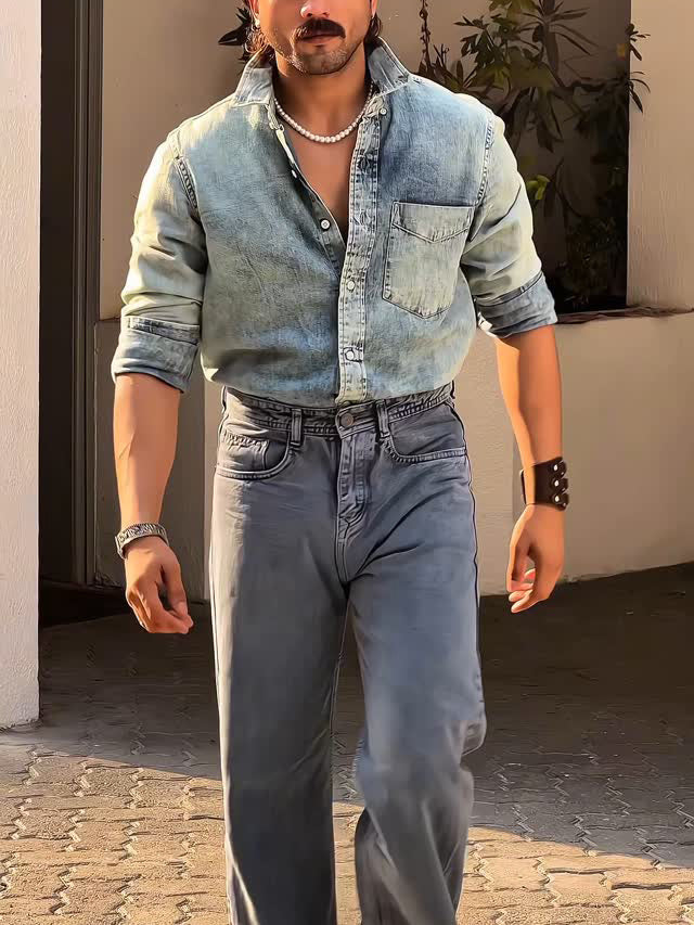 Light Blue Washed Denim Shirt (Vintage-Style Jeanshemd In Hellblau)