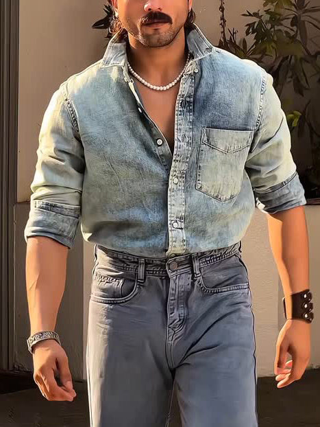 Light Blue Washed Denim Shirt (Vintage-Style Jeanshemd In Hellblau)