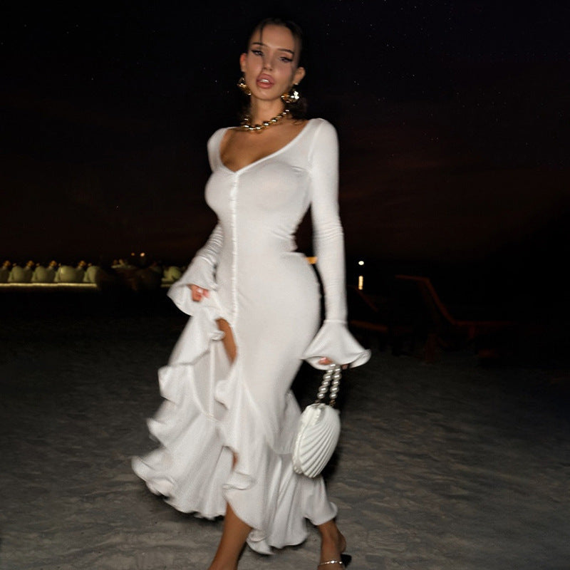 Elegant Ruffled Split Dress (Elegantes Kleid Mit Rüschen und Schlitz)